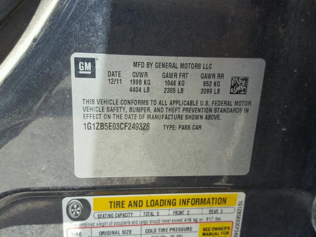 1G1ZB5E03CF249328 - 2012 CHEVROLET MALIBU LS გრაფიტი ფოტო 10