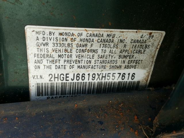 2HGEJ6619XH557616 - 1999 HONDA CIVIC BASE GREEN photo 10