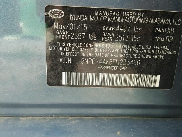 5NPE24AF6FH233466 - 2015 HYUNDAI SONATA SE BLUE photo 10