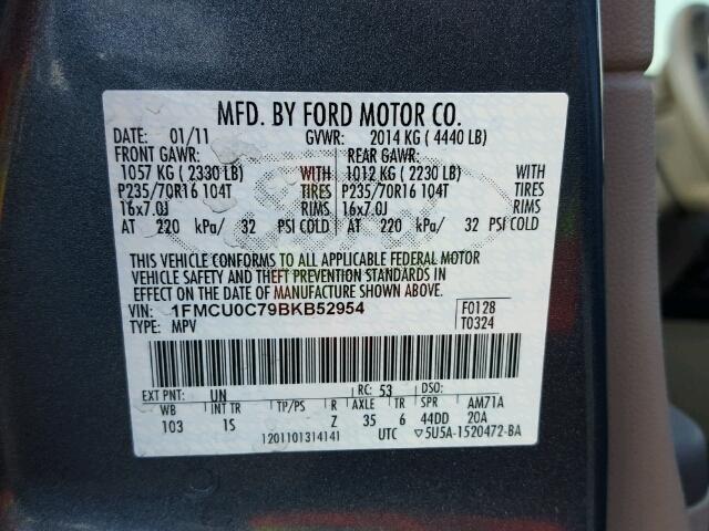 1FMCU0C79BKB52954 - 2011 FORD ESCAPE XLS GREEN photo 10