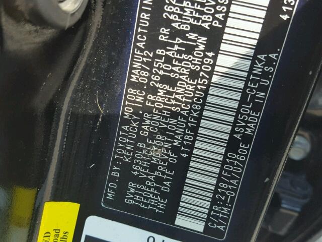 4T1BF1FK8CU157094 - 2012 TOYOTA CAMRY BASE BLACK photo 10