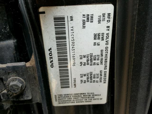 YV1CY592451169196 - 2005 VOLVO XC90 BLACK photo 10