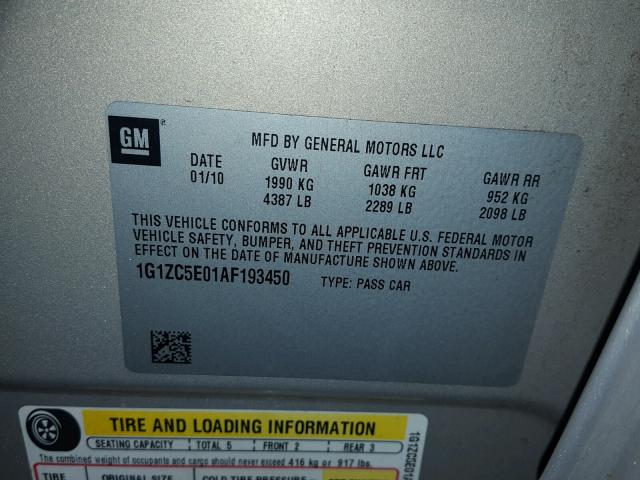 1G1ZC5E01AF193450 - 2010 CHEVROLET MALIBU 1LT ოქროსფერი ფოტო 10