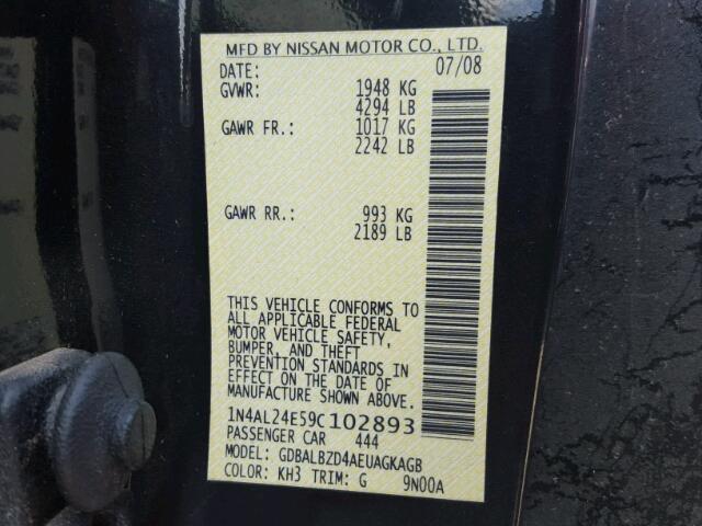 1N4AL24E59C102893 - 2009 NISSAN ALTIMA 2.5 BLACK photo 10