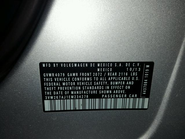 3VW2K7AJ1EM234278 - 2014 VOLKSWAGEN JETTA BASE 银色 照片 10