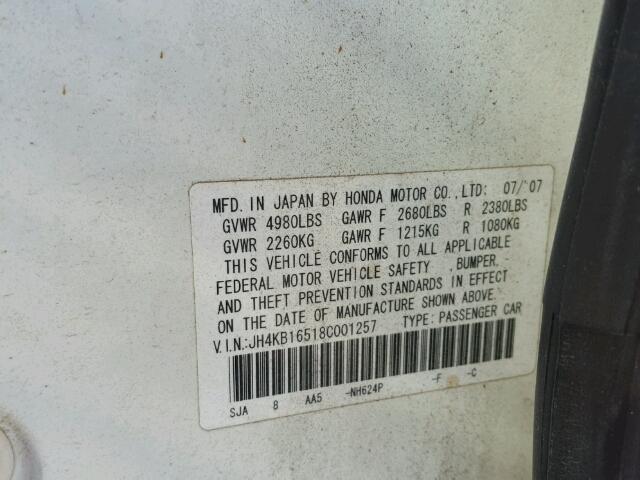 JH4KB16518C001257 - 2008 ACURA RL თეთრი ფოტო 10