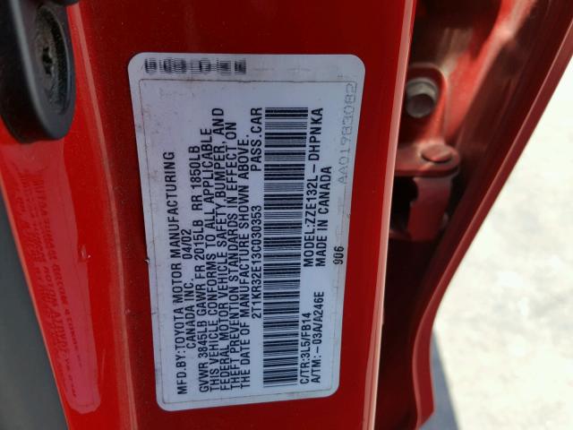 2T1KR32E13C030353 - 2003 TOYOTA MATRIX XR أحمر صورة 10