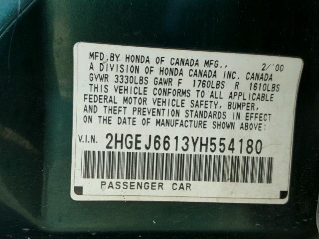2HGEJ6613YH554180 - 2000 HONDA CIVIC BASE Yaşıl foto 10
