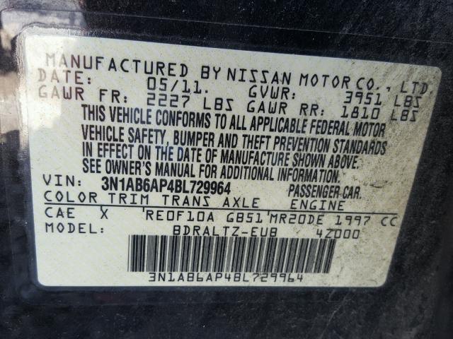 3N1AB6AP4BL729964 - 2011 NISSAN SENTRA 2.0 BLACK photo 10