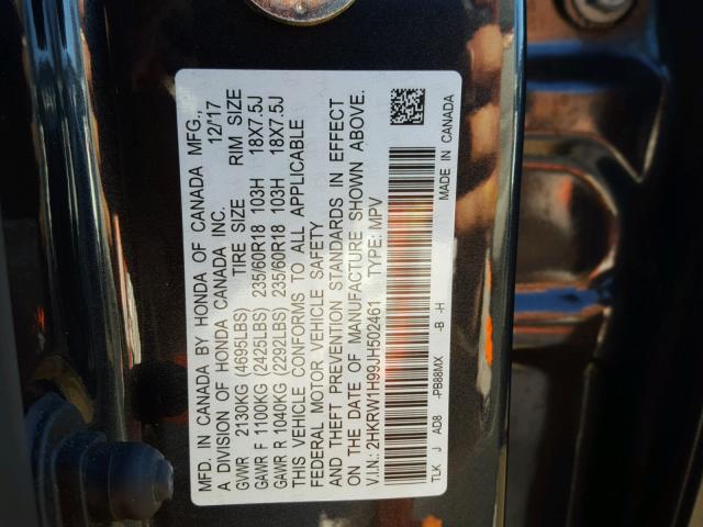 2HKRW1H99JH502461 - 2018 HONDA CR-V TOURI GRAY photo 10