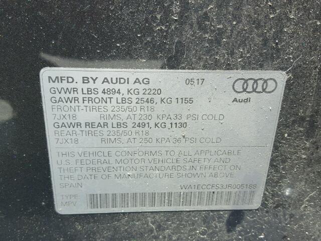 WA1ECCFS3JR005188 - 2018 AUDI Q3 PREMIUM GRAY photo 10