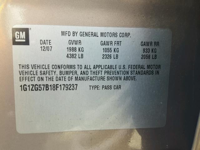 1G1ZG57B18F179237 - 2008 CHEVROLET MALIBU LS GOLD photo 10
