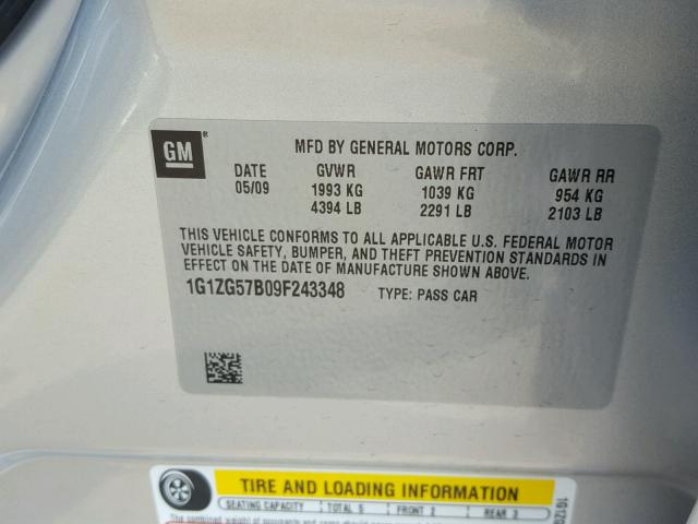 1G1ZG57B09F243348 - 2009 CHEVROLET MALIBU LS 银色 照片 10