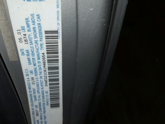 3VWED21C81M480654 - 2001 VOLKSWAGEN NEW BEETLE ვერცხლისფერი ფოტო 10