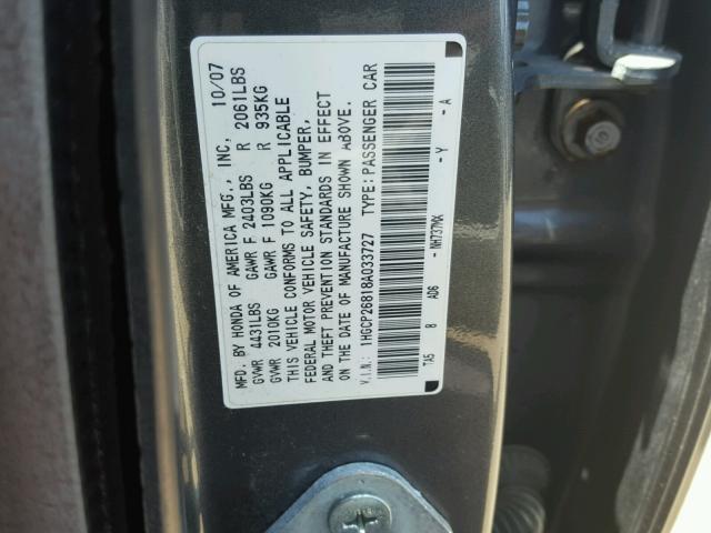 1HGCP26818A033727 - 2008 HONDA ACCORD EXL GRAY photo 10