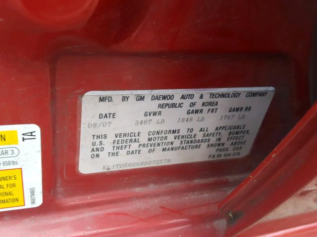 KL1TD56668B072578 - 2008 CHEVROLET AVEO BASE Կարմիր լուսանկար 10