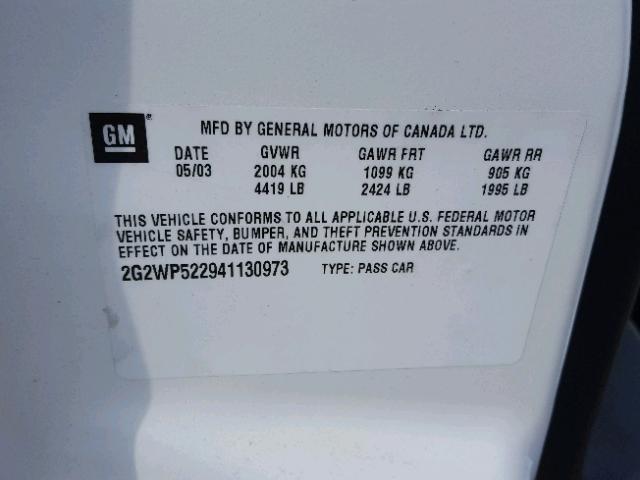 2G2WP522941130973 - 2004 PONTIAC GRAND PRIX WHITE photo 10