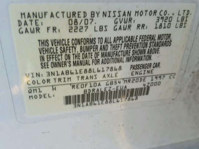 3N1AB61E88L617868 - 2008 NISSAN SENTRA 2.0 WHITE photo 10