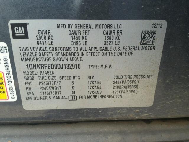 1GNKRFED0DJ132910 - 2013 CHEVROLET TRAVERSE GRAY photo 10