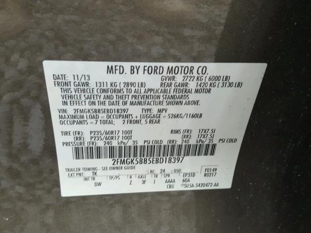 2FMGK5B85EBD18397 - 2014 FORD FLEX SE GRAY photo 10