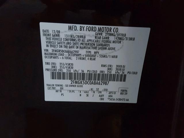 2FMGK5DC0ABA62987 - 2010 FORD FLEX LIMIT BLACK photo 10