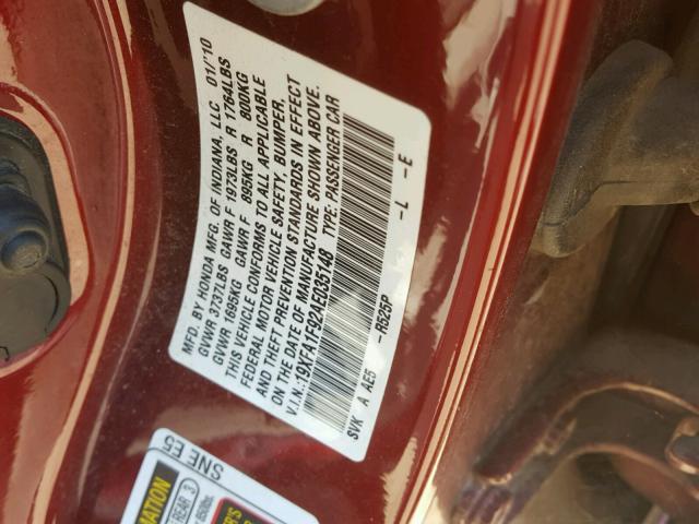 19XFA1F92AE035148 - 2010 HONDA CIVIC EXL BURGUNDY photo 10