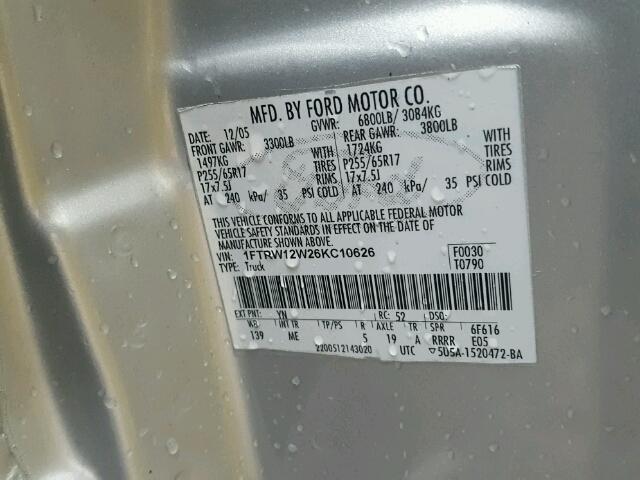 1FTRW12W26KC10626 - 2006 FORD F150 SUPER SILVER photo 10