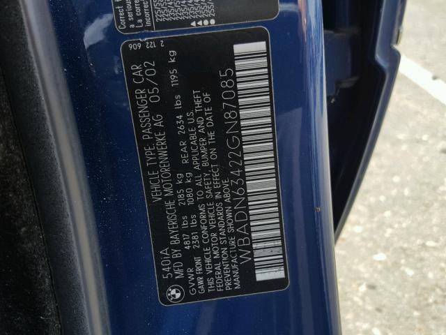 WBADN63422GN87085 - 2002 BMW 540 I AUTO BLUE photo 10