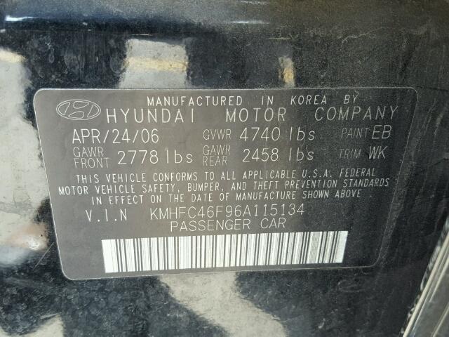 KMHFC46F96A115134 - 2006 HYUNDAI AZERA SE BLACK photo 10