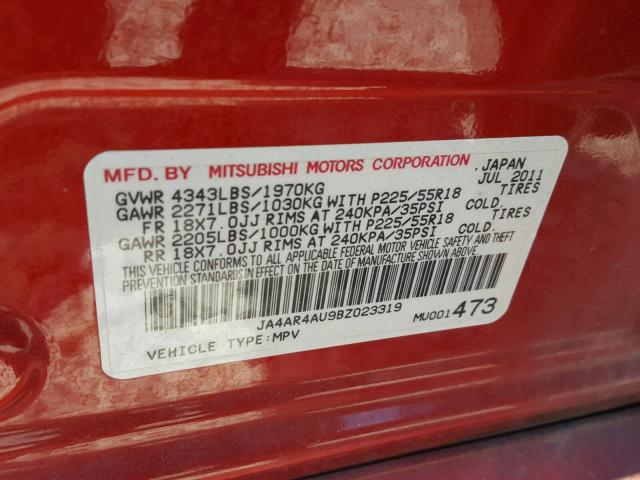 JA4AR4AU9BZ023319 - 2011 MITSUBISHI OUTLANDER RED photo 10