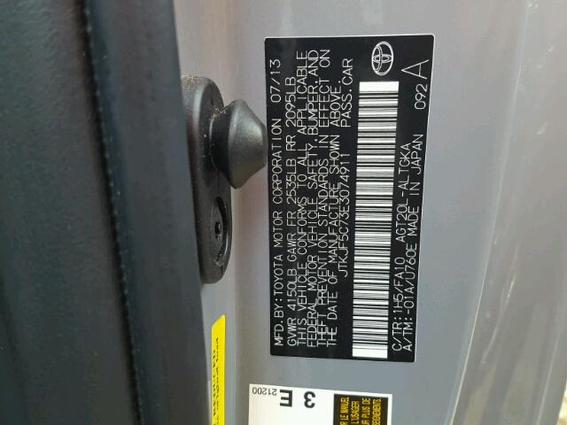 JTKJF5C73E3074911 - 2014 TOYOTA SCION TC 灰色 照片 10