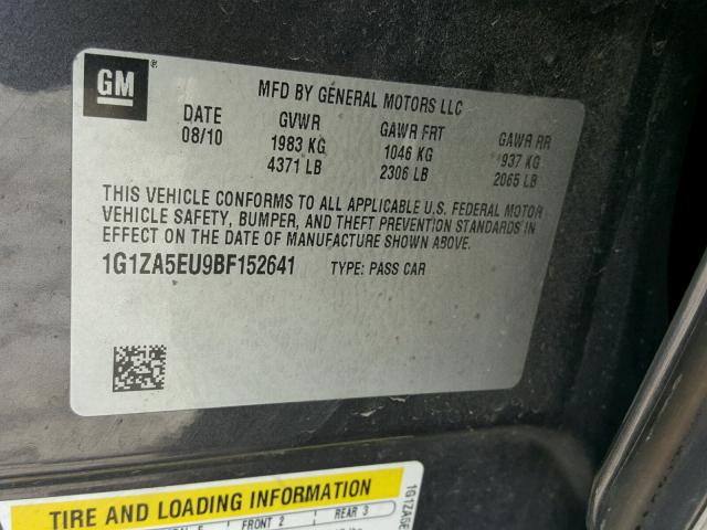 1G1ZA5EU9BF152641 - 2011 CHEVROLET MALIBU LS ნაცრისფერი ფოტო 10