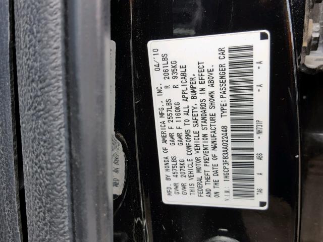 1HGCP3F83AA022448 - 2010 HONDA ACCORD EXL BLACK photo 10