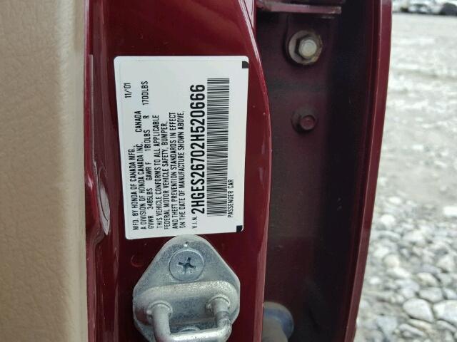 2HGES26702H520666 - 2002 HONDA CIVIC EX MAROON photo 10