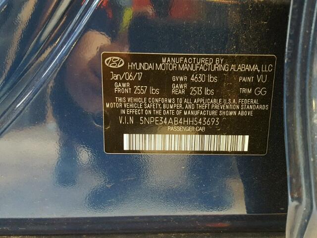 5NPE34AB4HH543693 - 2017 HYUNDAI SONATA SPO BLUE photo 10