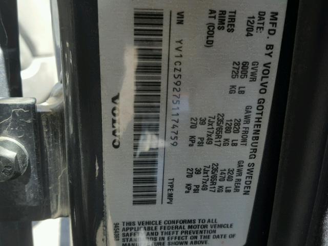YV1CZ592751174759 - 2005 VOLVO XC90 GRAY photo 10