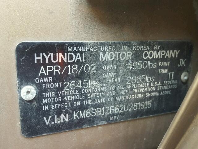 KM8SB12B62U281915 - 2002 HYUNDAI SANTA FE G GOLD photo 10