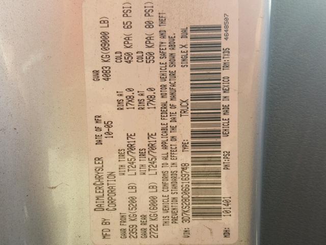 3D7KS28C06G169748 - 2006 DODGE RAM 2500 S SILVER photo 10