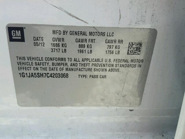 1G1JA5SH7C4203068 - 2012 CHEVROLET SONIC LS 白色 照片 10