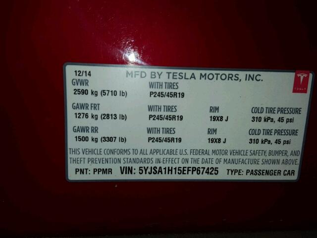 5YJSA1H15EFP67425 - 2014 TESLA MODEL S RED photo 10