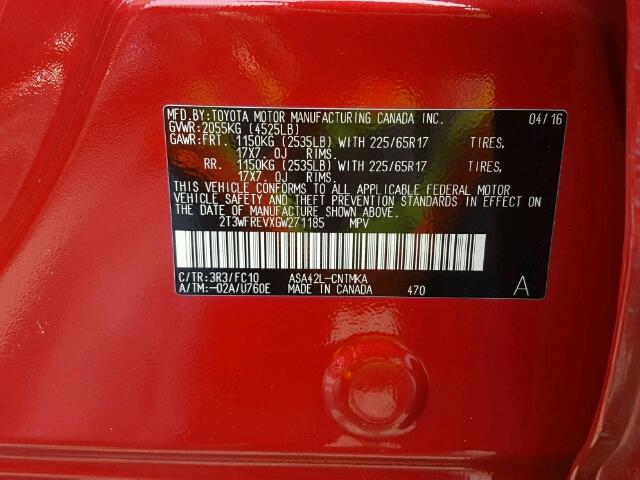 2T3WFREVXGW271185 - 2016 TOYOTA RAV4 红色 照片 10