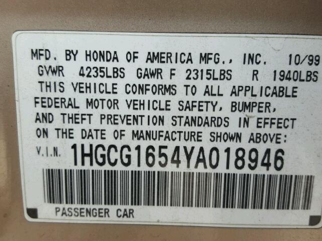 1HGCG1654YA018946 - 2000 HONDA ACCORD TAN photo 10