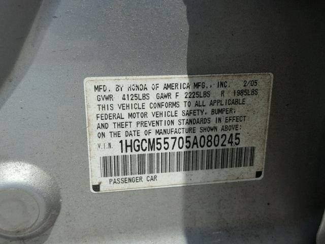 1HGCM55705A080245 - 2005 HONDA ACCORD EX SILVER photo 10