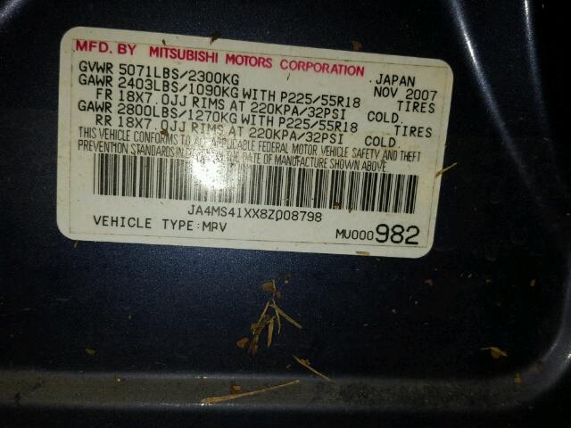 JA4MS41XX8Z008798 - 2008 MITSUBISHI OUTLANDER BLUE photo 10