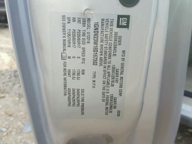 1GNDV23W18D167302 - 2008 CHEVROLET UPLANDER L 银色 照片 10