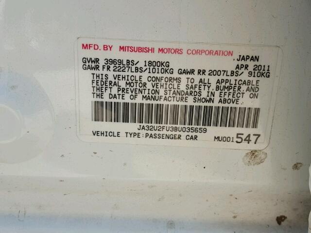 JA32U2FU3BU035659 - 2011 MITSUBISHI LANCER ES/ WHITE photo 10