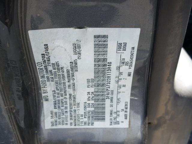 3FAFP37322R113948 - 2002 FORD FOCUS ZX5 CHARCOAL photo 10