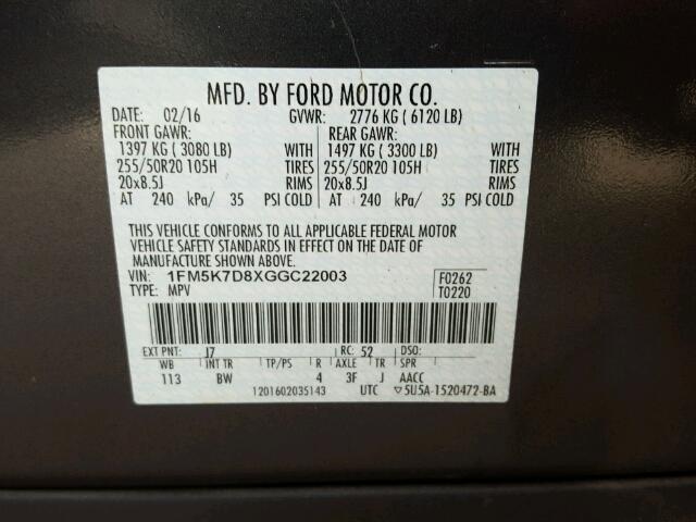 1FM5K7D8XGGC22003 - 2016 FORD EXPLORER X GRAY photo 10