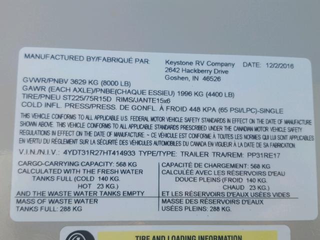 4YDT31R27HT414933 - 2017 KEYSTONE PASSPORT CREAM photo 10