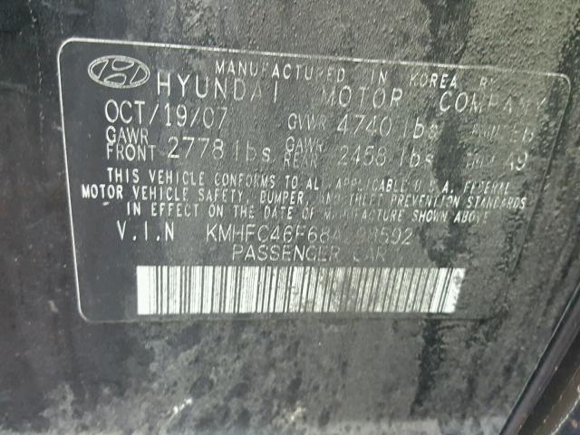 KMHFC46F68A298592 - 2008 HYUNDAI AZERA SE BLACK photo 10